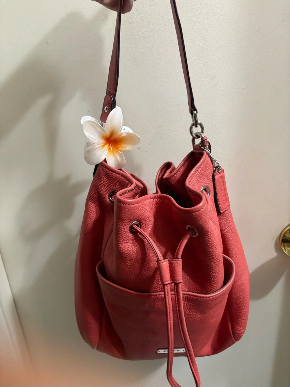 Coach Coral Pink Pebbled Leather Drawstring Hobo
